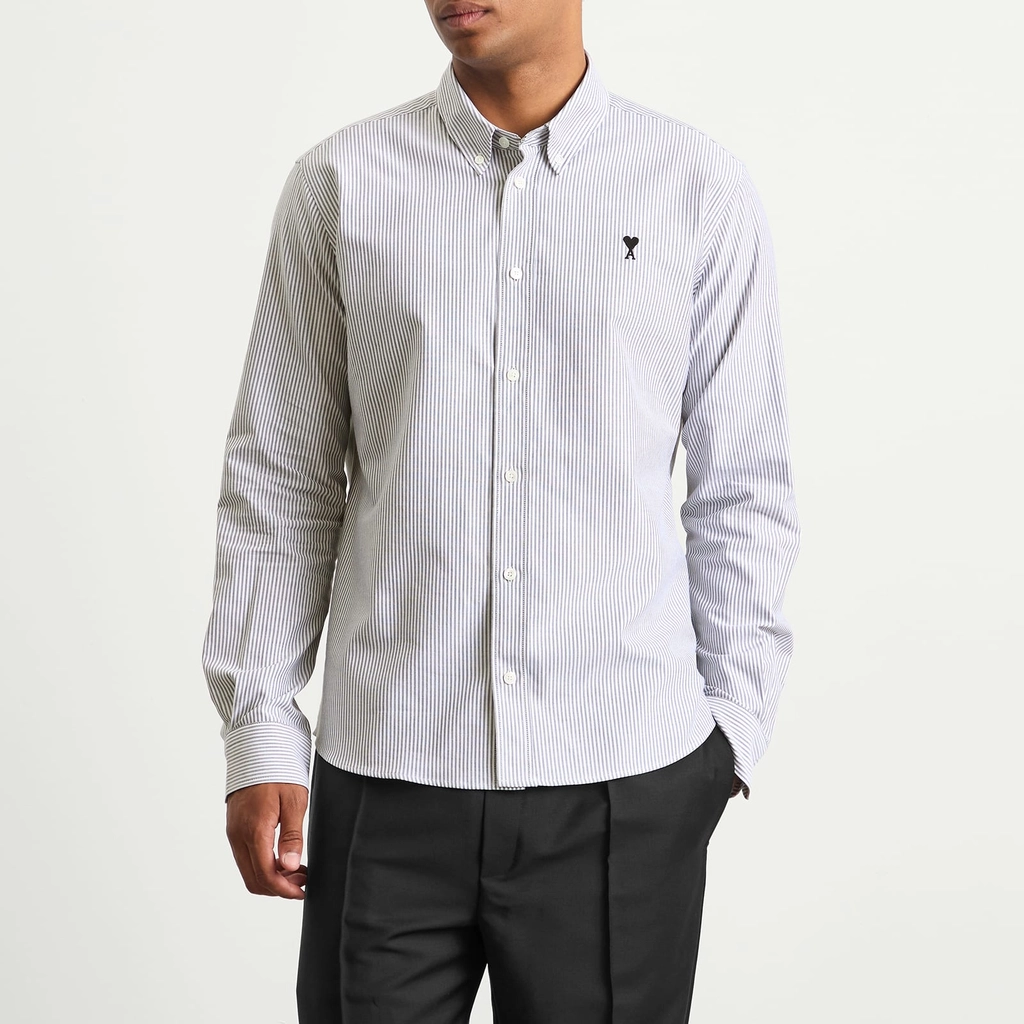 AMI Paris Men's Striped Cotton Oxford Classic Shirt Noir / Blanc Naturel